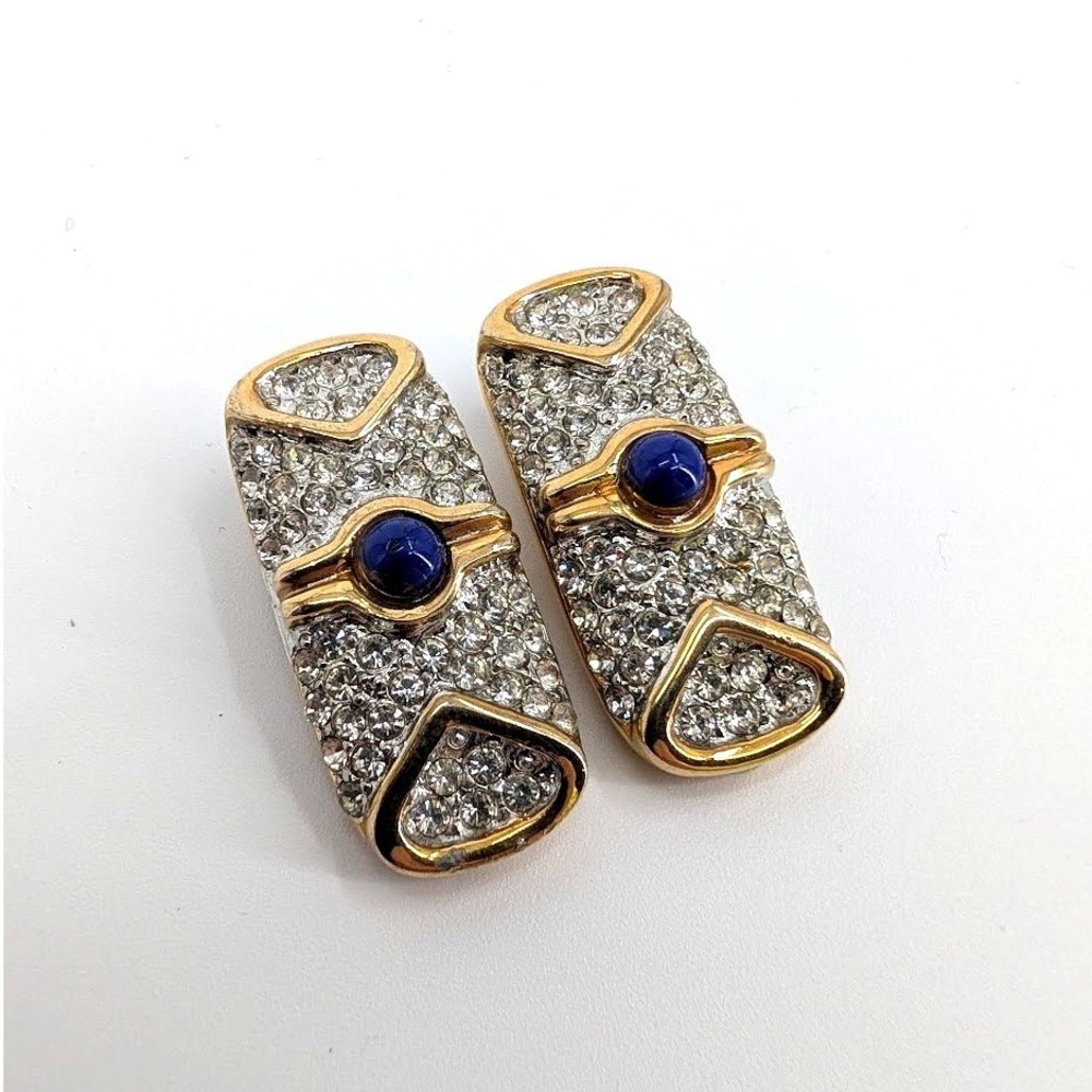 Pierre Balmain Paris Vintage‎ Gold Tone Crystal Blue Cabochon Clip On Earrings